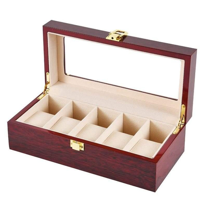 Elegant Red Wooden Watch Box with 5 Slots