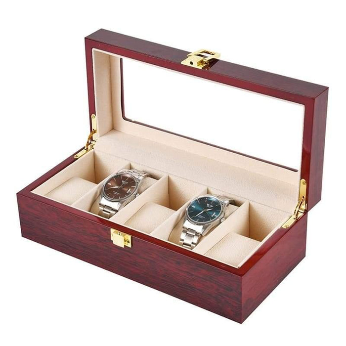Elegant Red Wooden Watch Box with 5 Slots