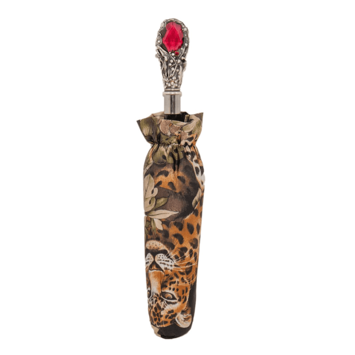 Red Gem Leopard Print Designer Folding Umbrella