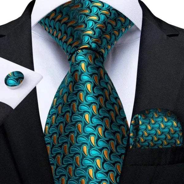 Teal Gold Paisley Silk Tie for Men - Classy Accessory for Formal Attire