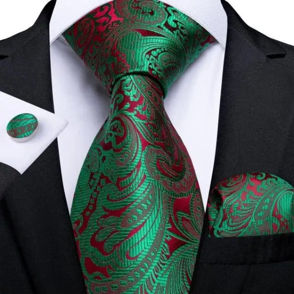 Elegant Green Red Floral Silk Tie for Men