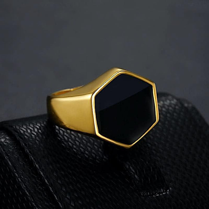Hexagonal Agate Gold Ring Men's Accessory