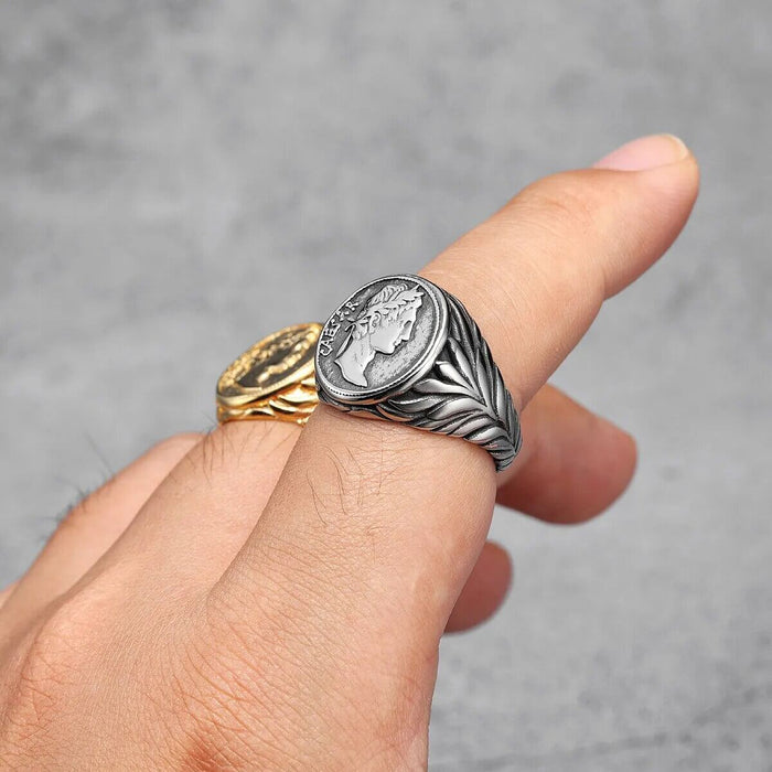 Emperor Caesar Head Ring Silver Stainless Steel
