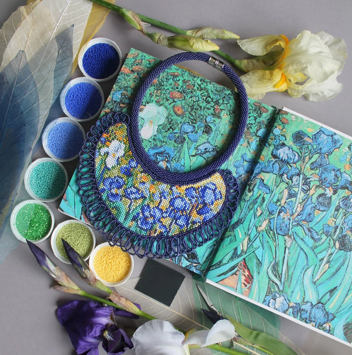 Boho Beadwork Necklace – Irises Flower Art Lover Gift