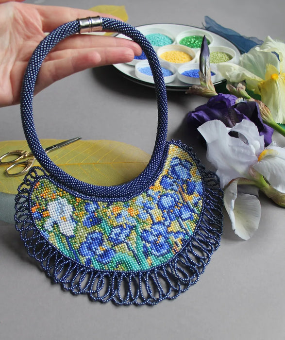 Boho Beadwork Necklace – Irises Flower Art Lover Gift