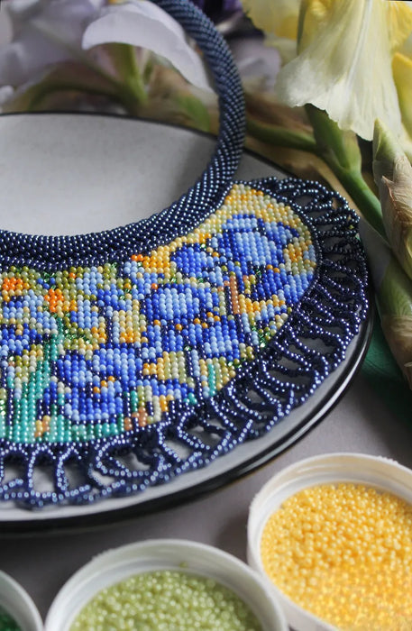 Boho Beadwork Necklace – Irises Flower Art Lover Gift