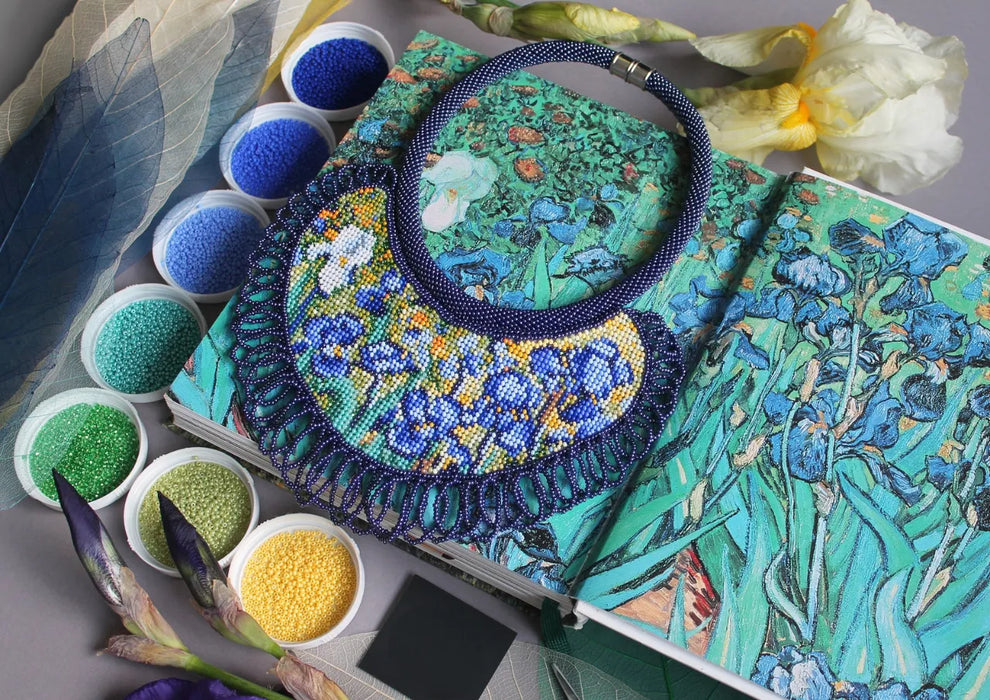 Boho Beadwork Necklace – Irises Flower Art Lover Gift