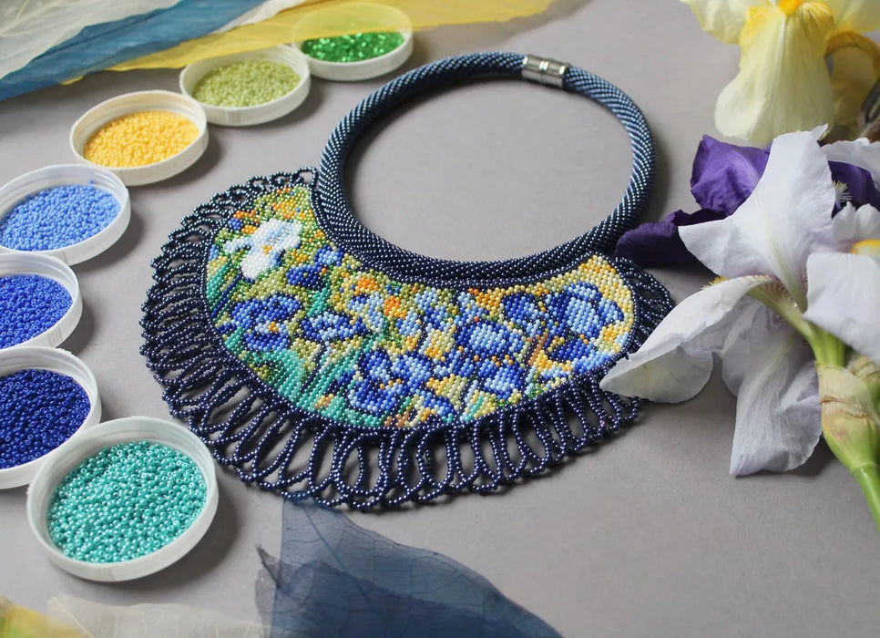 Boho Beadwork Necklace – Irises Flower Art Lover Gift