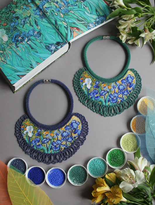 Boho Beadwork Necklace – Irises Flower Art Lover Gift