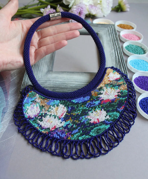 Monet Water Lilies Beaded Necklace – Artistic Boho Jewelry