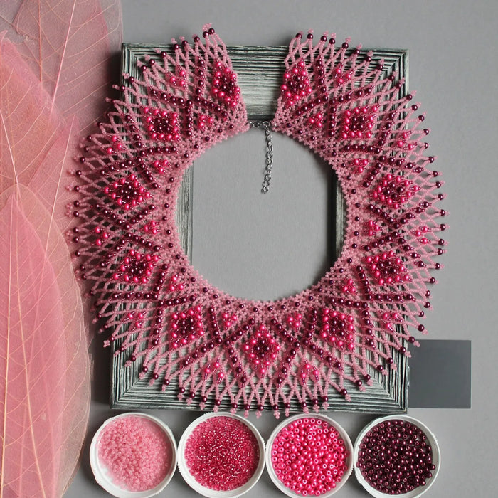 Pink Burgundy Beaded Collar – Shiny Boho Evening Necklace