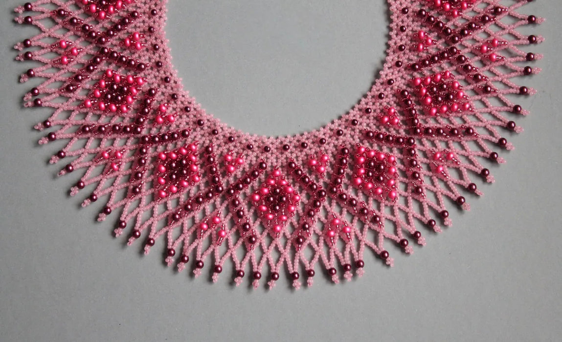 Pink Burgundy Beaded Collar – Shiny Boho Evening Necklace