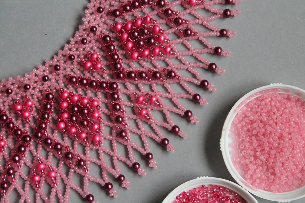Pink Burgundy Beaded Collar – Shiny Boho Evening Necklace