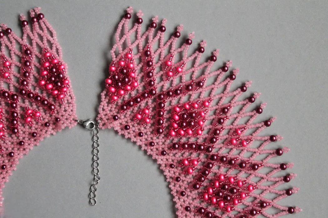 Pink Burgundy Beaded Collar – Shiny Boho Evening Necklace