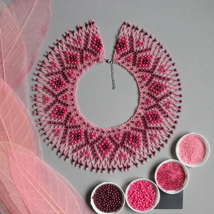Pink Burgundy Beaded Collar – Shiny Boho Evening Necklace