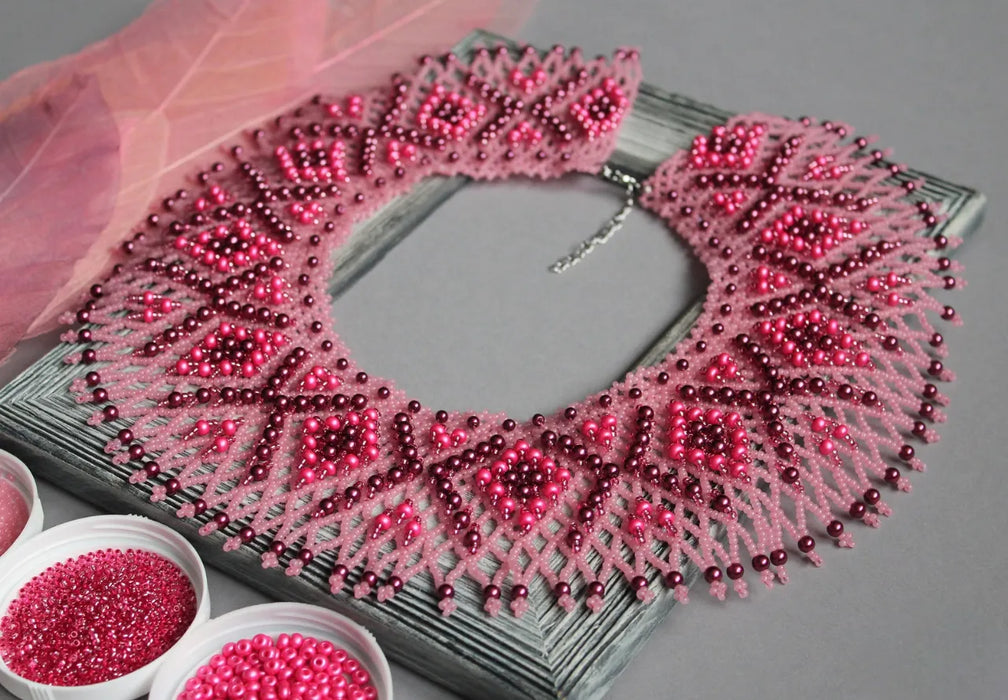 Pink Burgundy Beaded Collar – Shiny Boho Evening Necklace