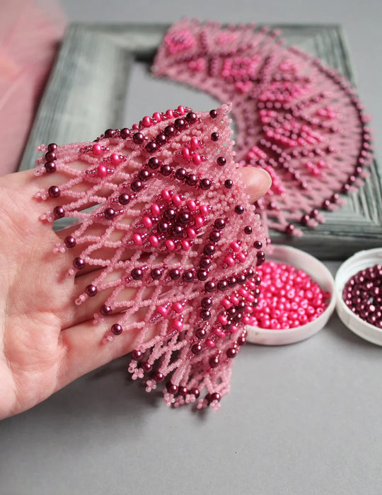 Pink Burgundy Beaded Collar – Shiny Boho Evening Necklace