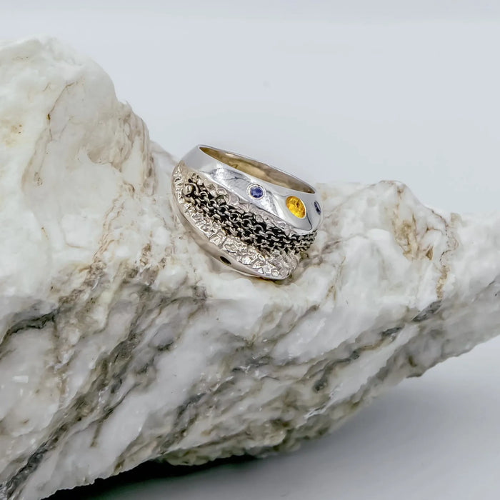 Design Handcrafted Silver & Gold Ring with Sapphire