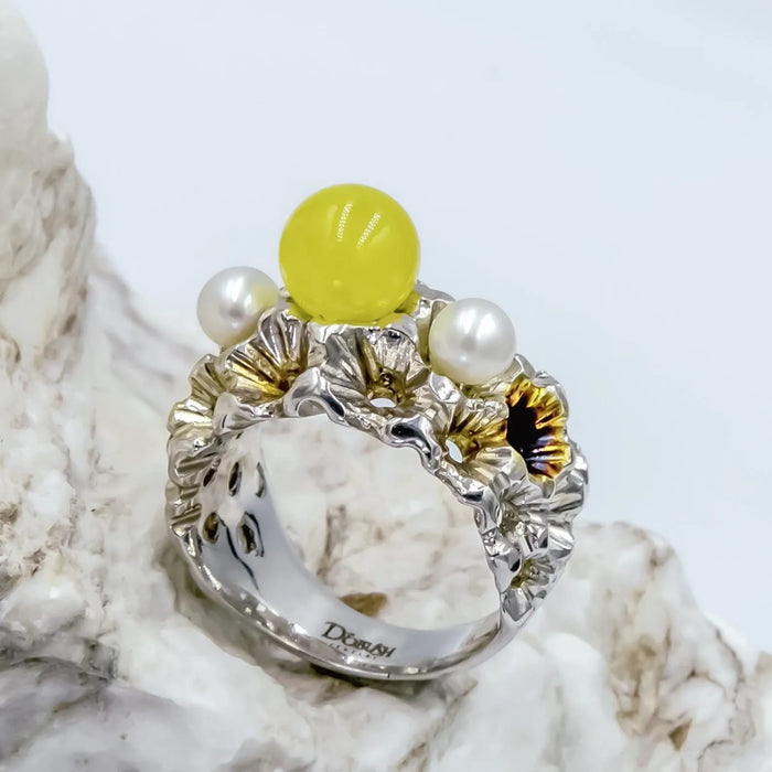 Unique Original Handmade Silver Ring with Amber & Pearl