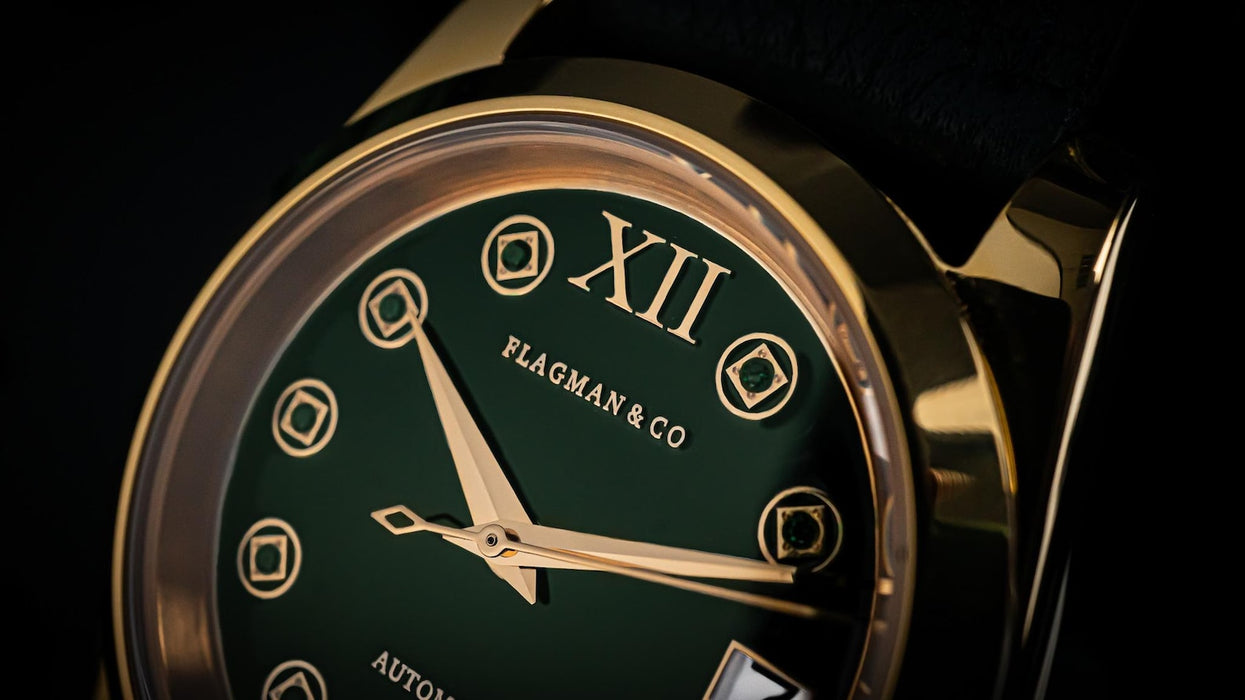 Luxury Women’s Automatic Watch – Green Enamel Dial with Gold, Crystal