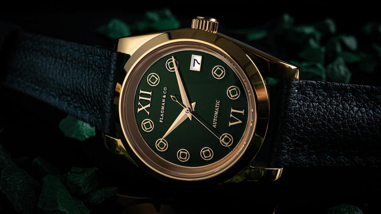 Luxury Women’s Automatic Watch – Green Enamel Dial with Gold, Crystal