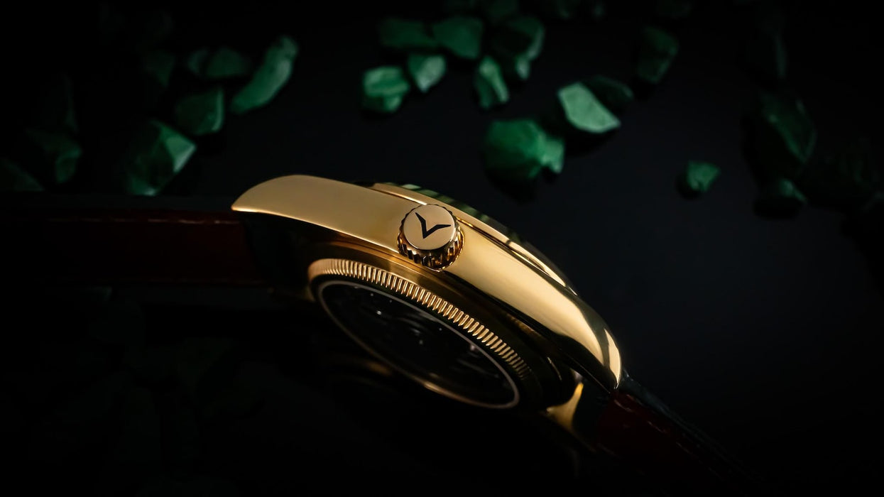 Luxury Women’s Automatic Watch – Green Enamel Dial with Gold, Crystal