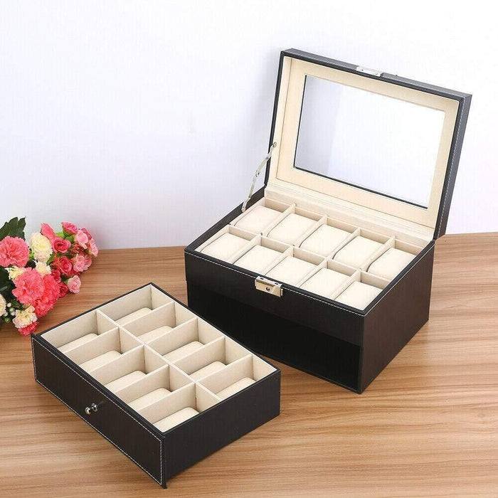 Sleek Faux Leather Watch Box with Ample 20 Slots