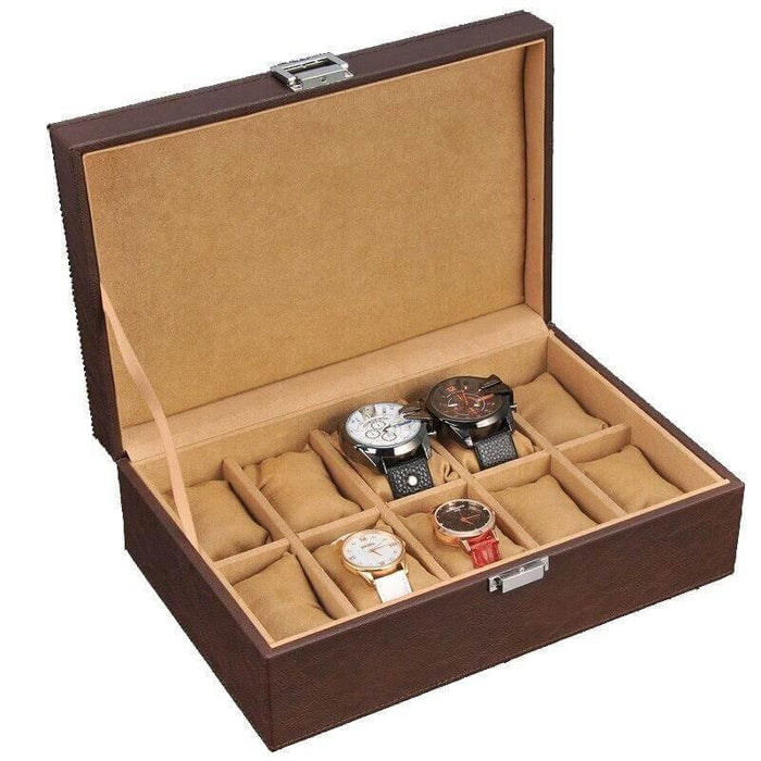 High-End Brown Leatherette Watch Box with 10 Slots