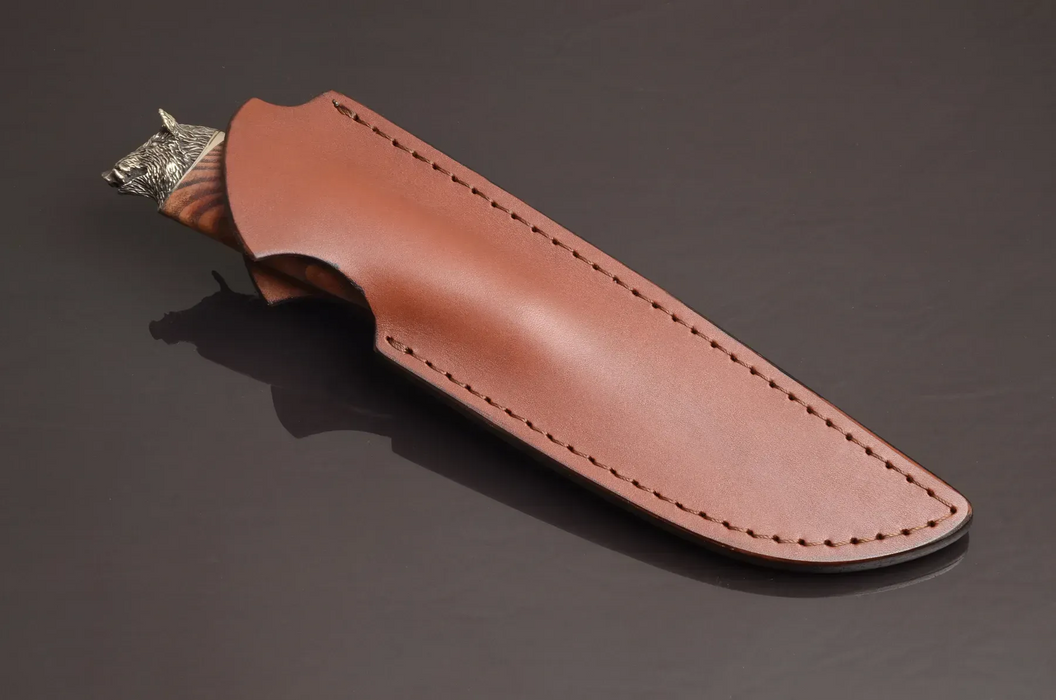 Hunting Knife with Damascus Steel Boar Head Handle – Walnut End Grain