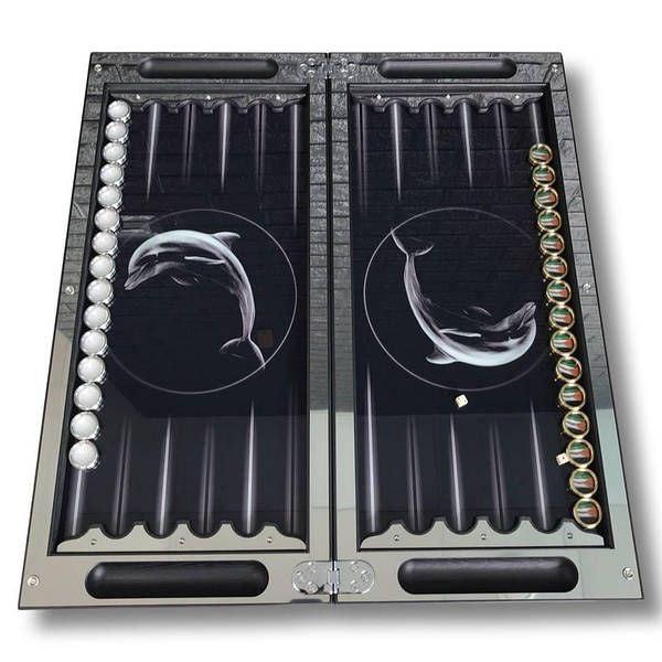 Metal Backgammon "Dolphins", 60×30 Cm, Glass Playing Area Inside