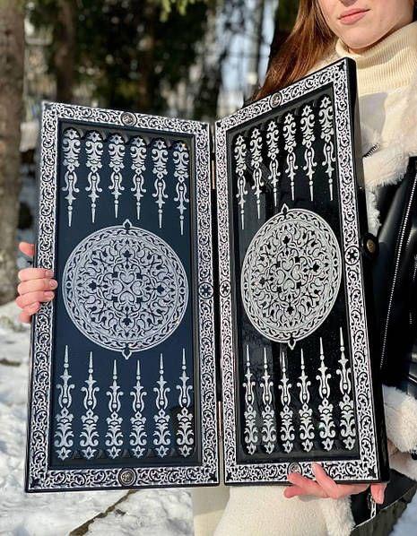 Luxury Black Acrylic Stone Backgammon "Silver Wolf" 60x30x5 cm