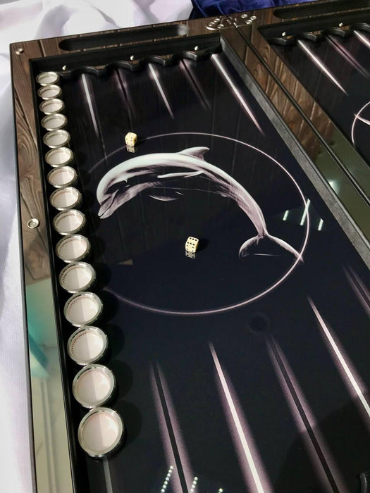 Metal Backgammon "Dolphins", 60×30 Cm, Glass Playing Area Inside
