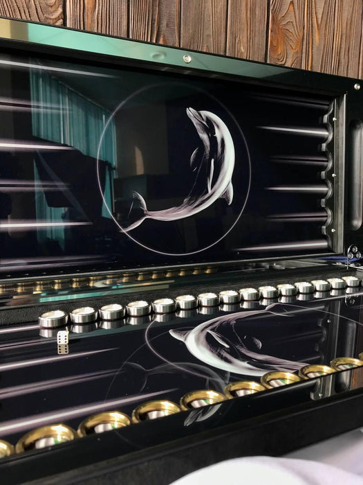 Metal Backgammon "Dolphins", 60×30 Cm, Glass Playing Area Inside