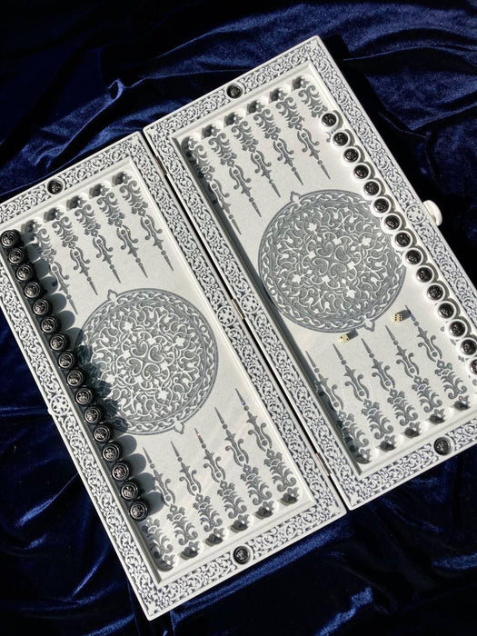 Luxury White Acrylic Stone Backgammon, Carved "Carved Silver Lion" On Top