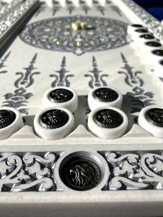 Luxury White Acrylic Stone Backgammon, Carved "Carved Silver Lion" On Top
