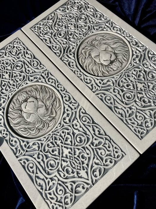 Luxury White Acrylic Stone Backgammon, Carved "Carved Silver Lion" On Top