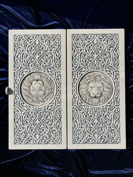 Luxury White Acrylic Stone Backgammon, Carved "Carved Silver Lion" On Top
