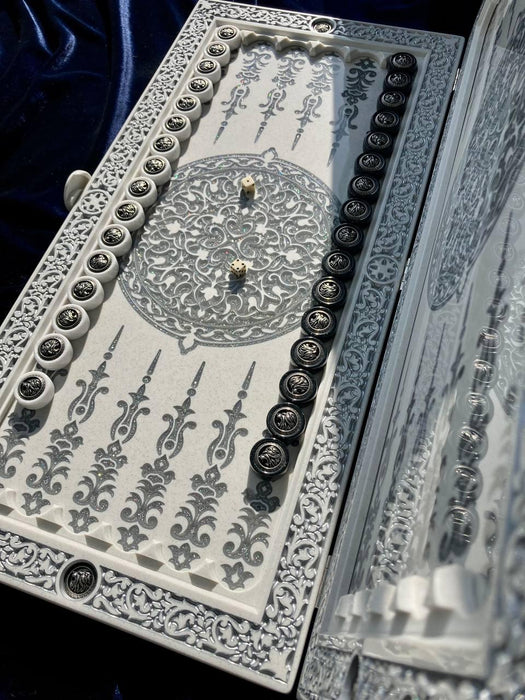 Luxury White Acrylic Stone Backgammon, Carved "Carved Silver Lion" On Top