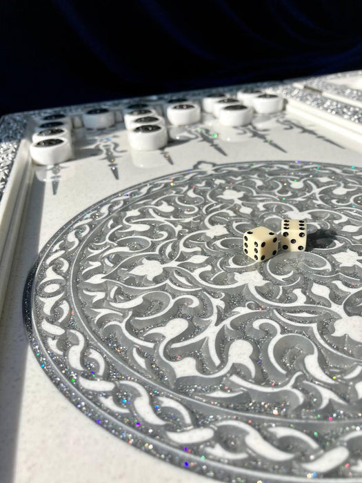 Luxury White Acrylic Stone Backgammon, Carved "Carved Silver Lion" On Top