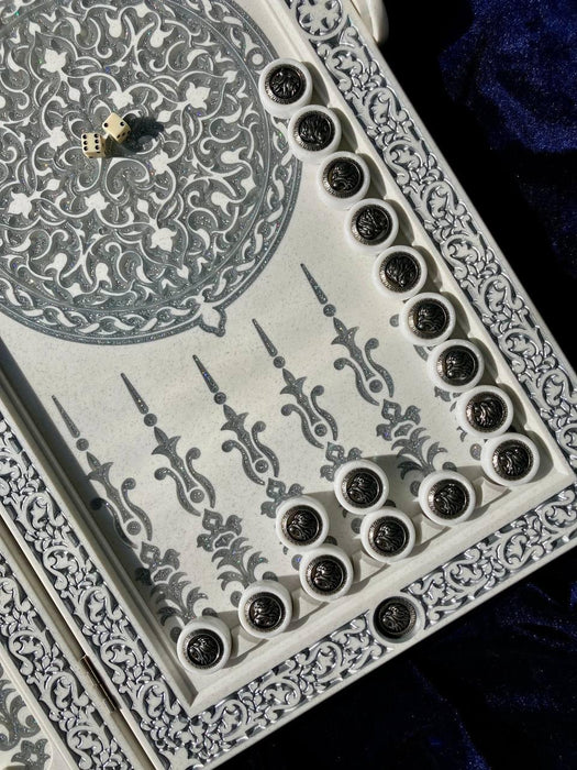 Luxury White Acrylic Stone Backgammon, Carved "Carved Silver Lion" On Top