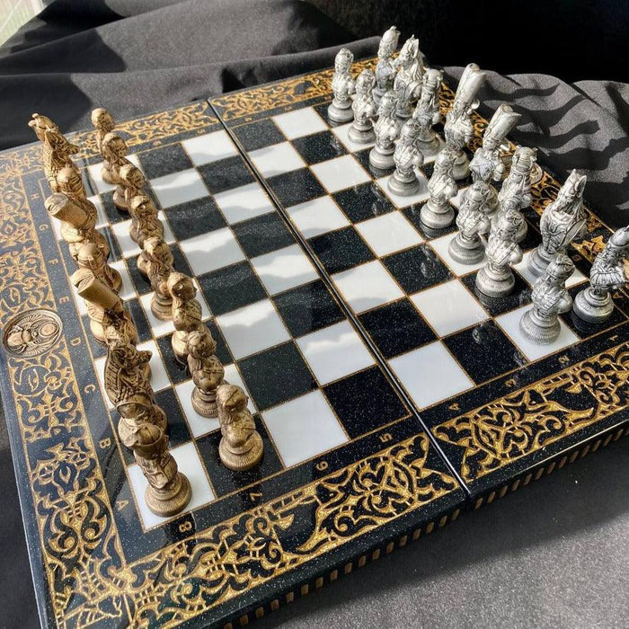 Luxury Black Acrylic Stone Chess Set, Backgammon Set 3 In 1