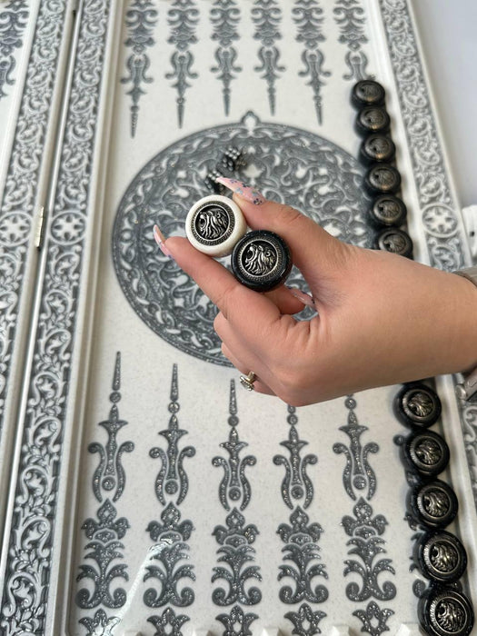 Luxury White Acrylic Stone Backgammon, Carved "Carved Silver Lion" On Top