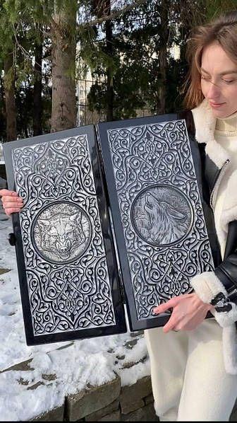 Luxury Black Acrylic Stone Backgammon "Silver Wolf" 60x30x5 cm