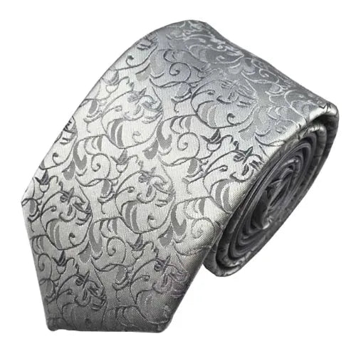 Silver Floral Silk Narrow Tie for Classy Men Luxury Accessory
