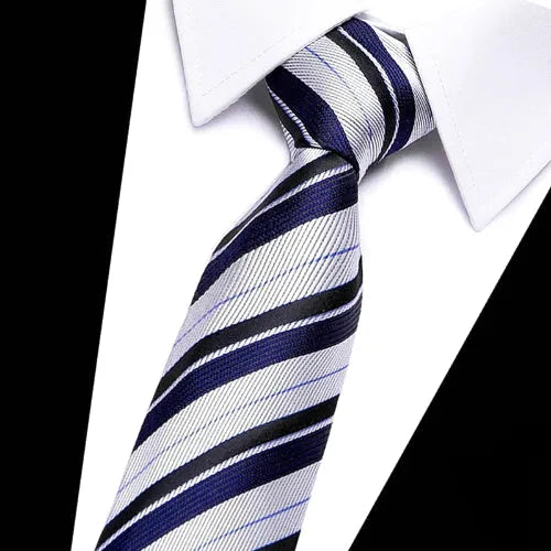 Mens Silver and Navy Blue Striped Silk Tie - Classy Accessory for Formal Occasions