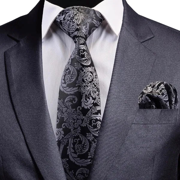 Black Silver Paisley Silk Necktie for Classy Men