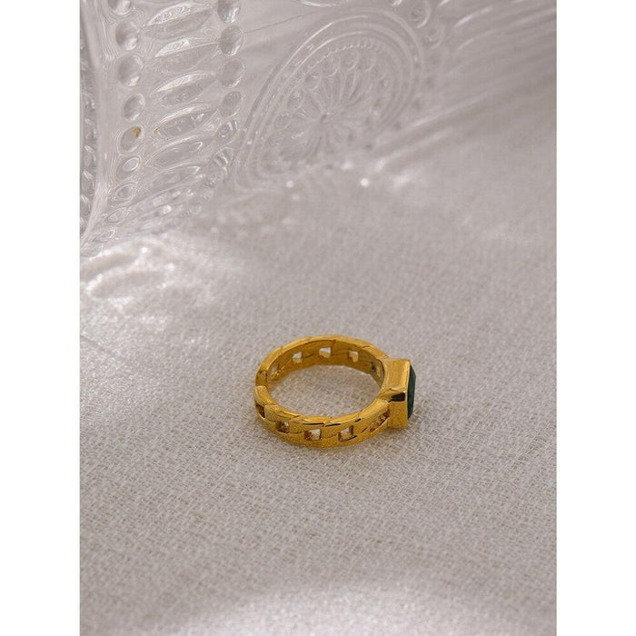 Stylish Golden Ring with Big Green Crystal