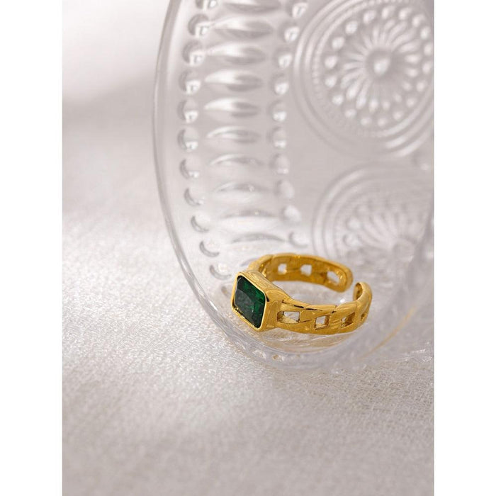Stylish Golden Ring with Big Green Crystal
