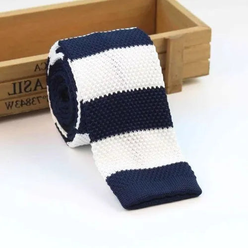 Navy Blue and White Square Knit Tie for Classy Men