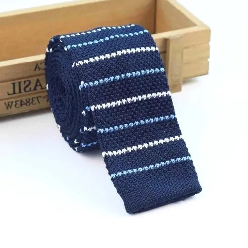 Blue Thin Striped Knit Tie for Men - Classy Square Design